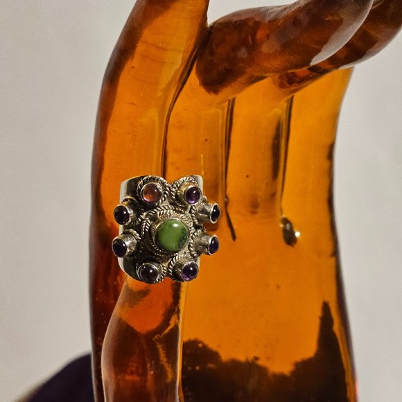Vintage Chrysocolla & Amethyst Ring - Picture 1 of 8